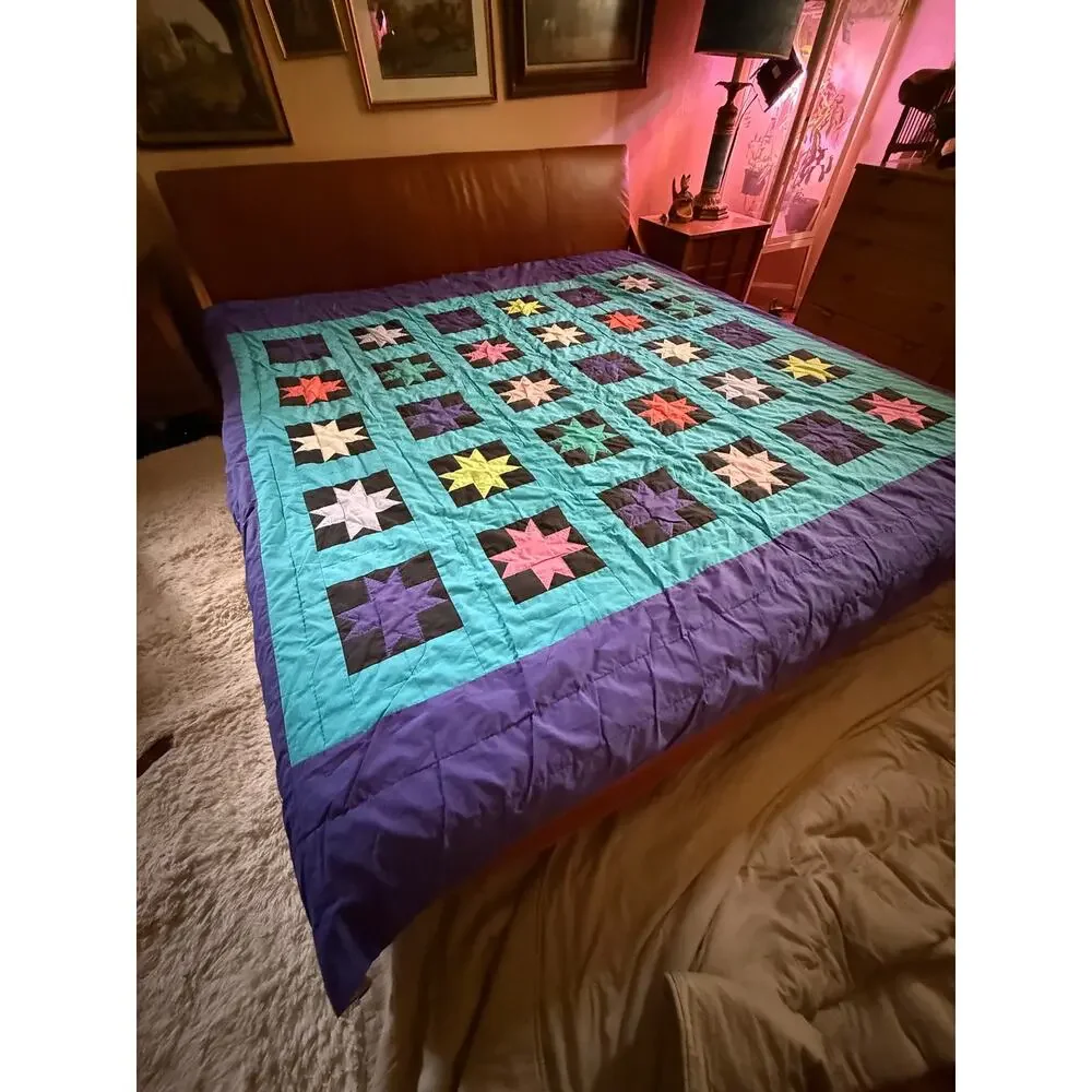 Vintage Handmade Patchwork Quilt King Size Hand Sewn Colorful Star Geometric